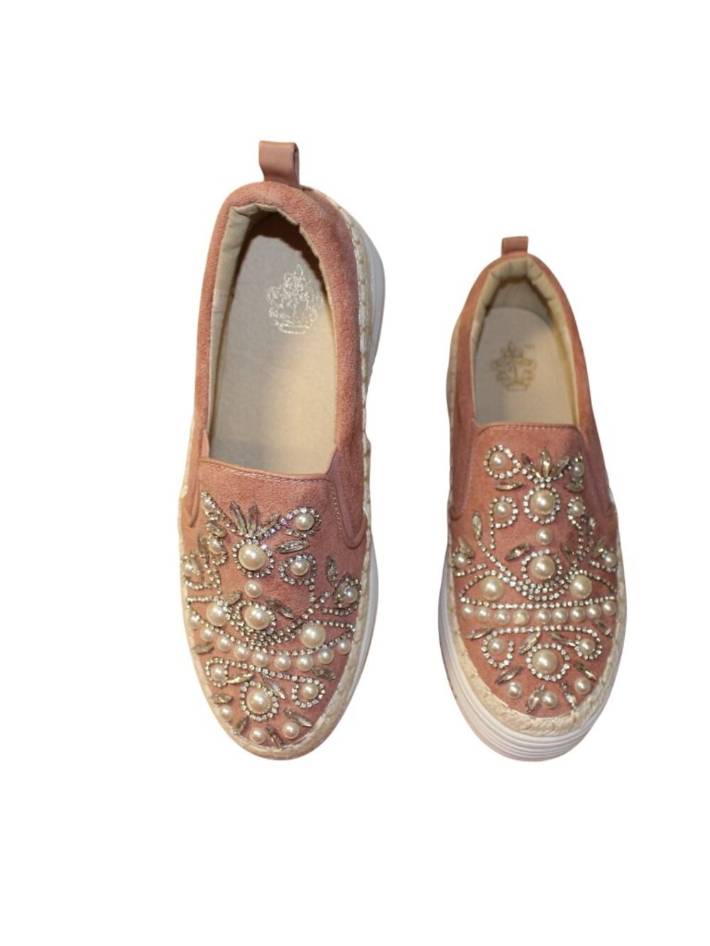 French Blu Mother of Pearls Pink Suede Platform Slip On Sneaker Pearl Crystal 39